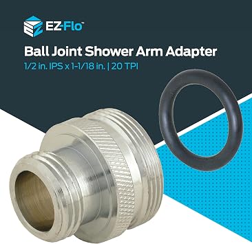 EZ-FLO 1/2 Inch IPS x 1-1/8 Inch Ball Joint Shower Arm Adapter, 20-Thread, Convert Pfister to fit standard shower head, Brass Plumbing Fitting, Chrome, 15060