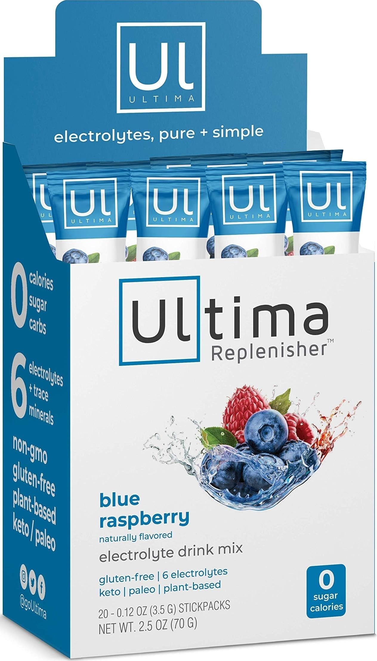 Ultima Replenisher Electrolyte Hydration Drink Mix, Blue Raspberry, 20 Serving Stickpack Box - Sugar Free, 0 Calories, 0 Carbs - Gluten-Free, Keto, Non-GMO, Vegan, with Magnesium, Potassium, Calcium