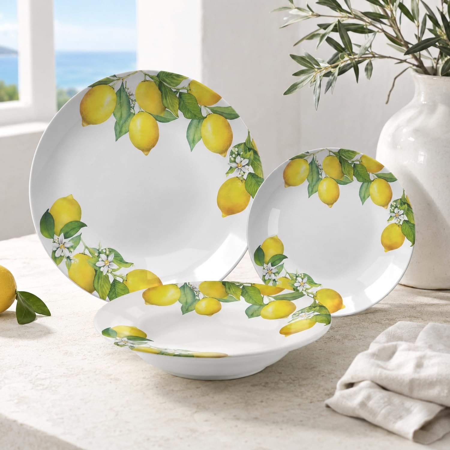 Vajilla 18 Piezas Limones Porcelana Set Completo para 6 Personas Platos De Comida Postre Diseño Cítrico