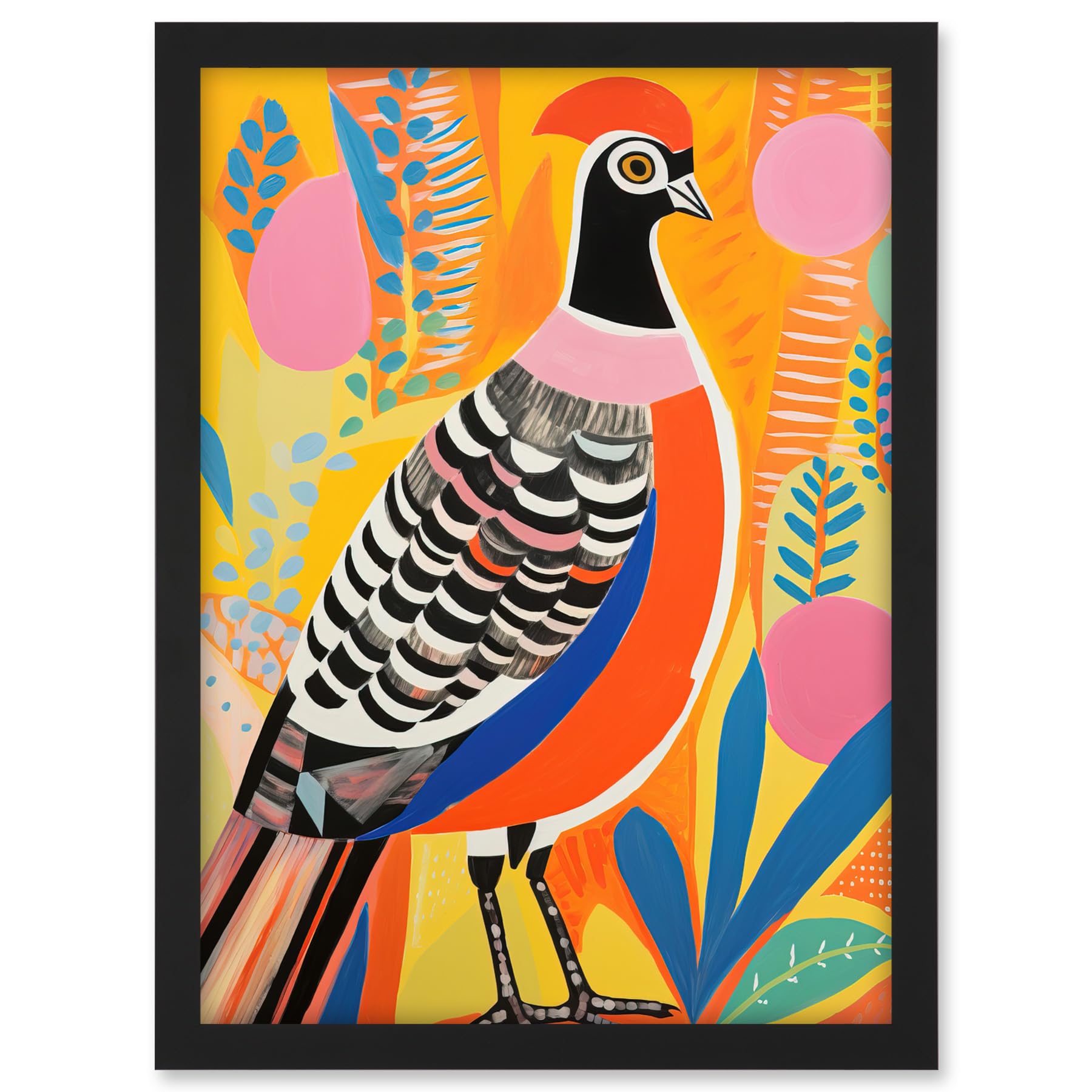 Artery8 Pleasant Pheasant Bright Bold Vibrant Colourful Grassland Acrylic Painting Artwork Orange Pink Blue Folk Art Artwork Framed A3 Wall Art Print