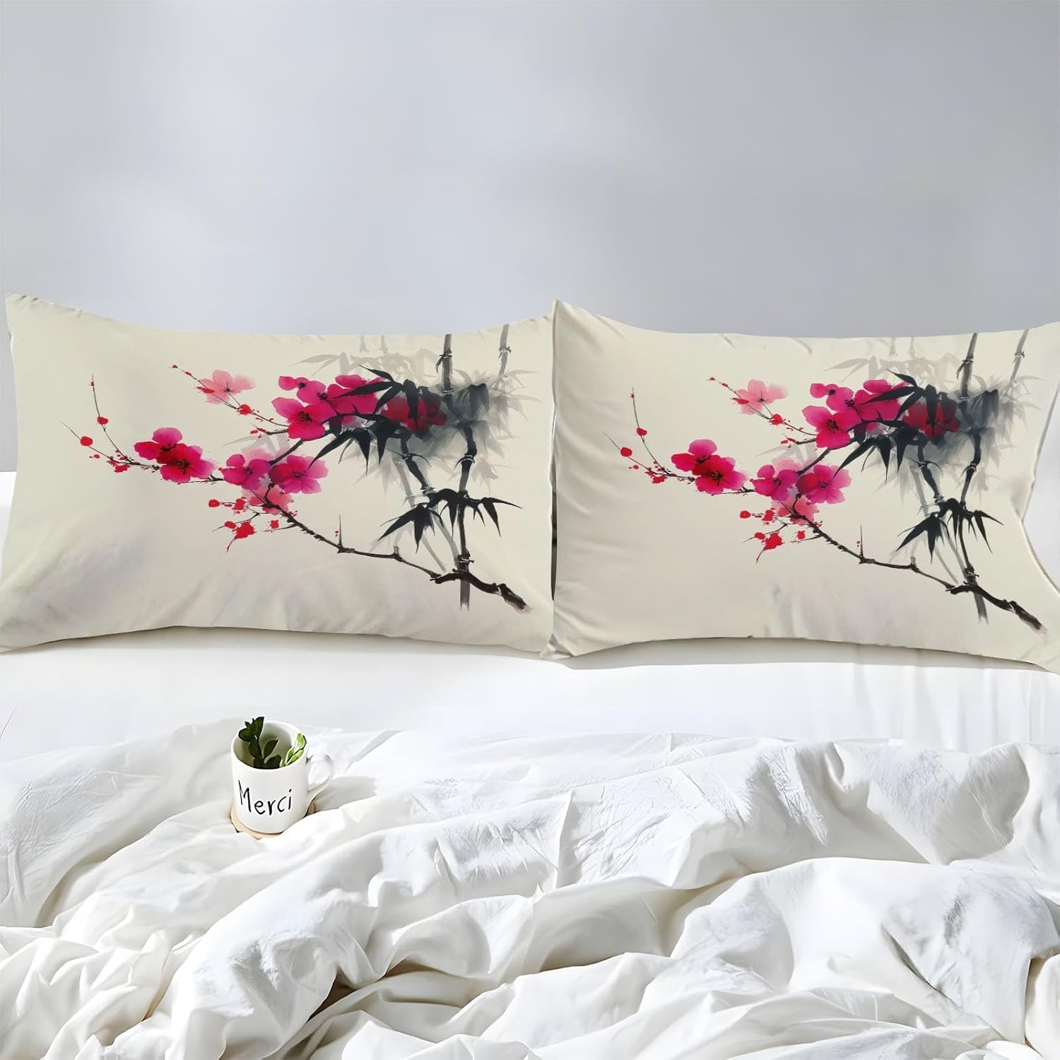 Bettlaken Pflaumenblüte Spannbettlaken 180x200cm Chinesisches Thema für Boxspringbett Weiche Mikrofaser Spannbetttuch 3D Spannbetttücher mit 2 Kissenbezug für Kinder Erwachsene XCW4571