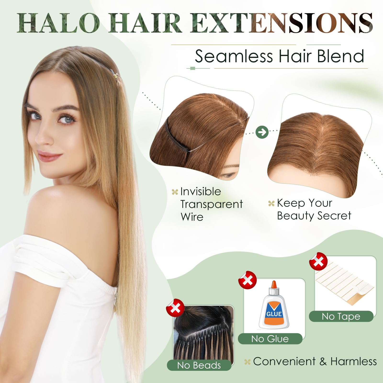 Elailite Secret Wire Hair Extensions Band Brown Invisible Wire Real Human Hair Extension Clip In One Piece Straight Thick - Image 2