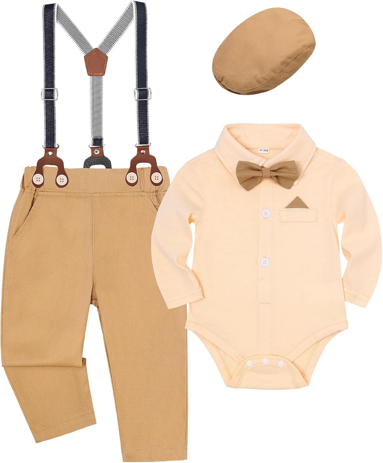Kimocat Baby Boy Outfits Suits Infant Formal Tuxedo Suits Gentleman Wedding Shirt+Beret Hat+Suspender Pants+Bowtie