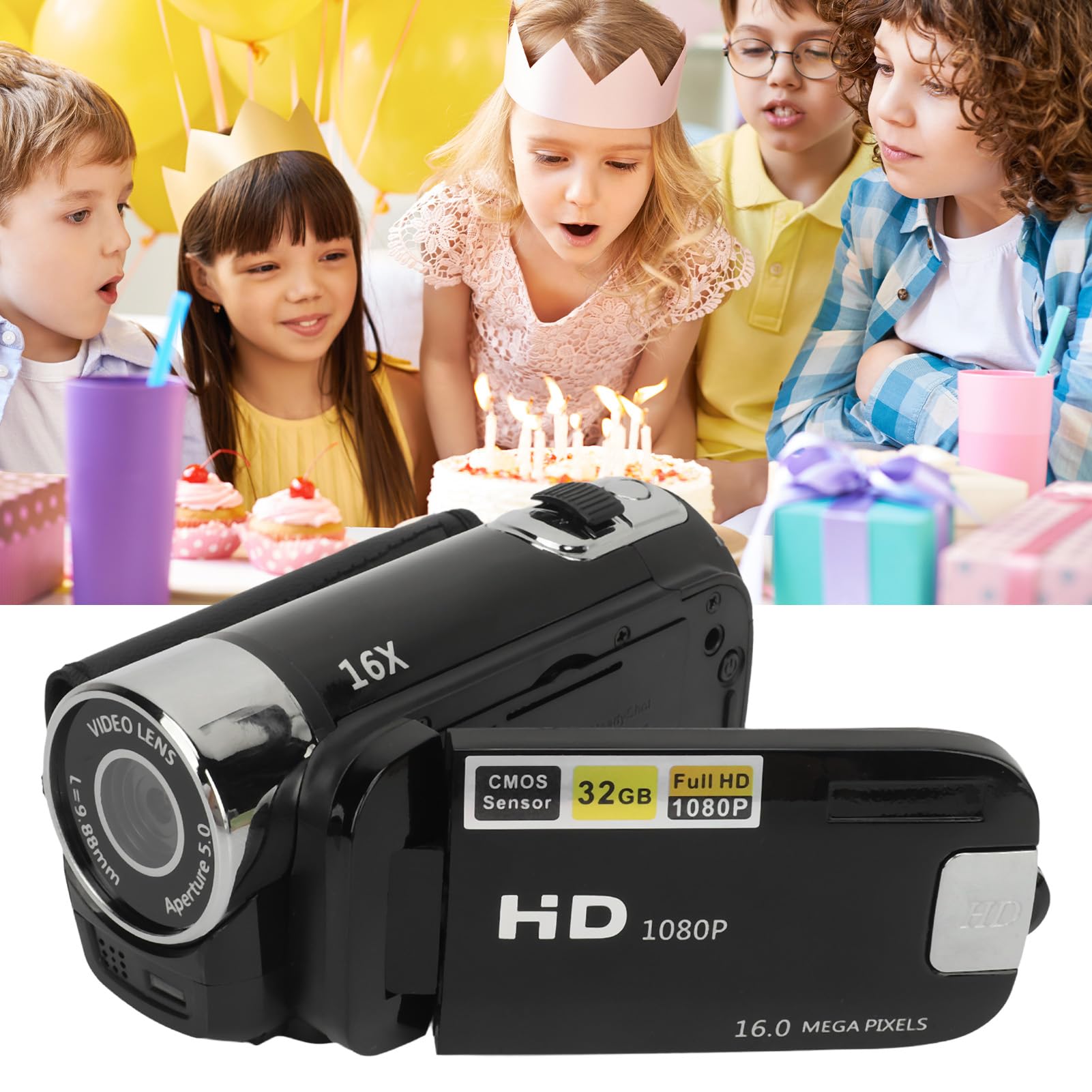ASHATA Appareil Photo Numérique D90, Appareil Photo Numérique 2,4 Pouces 1080P 16MP, Caméscope à écran Rotatif, Zoom 16X, Enregistreur Vidéo HD avec Lumière de Remplissage pour Garçons