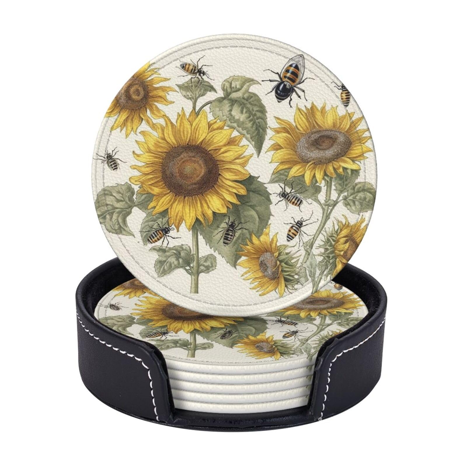 6PCS Drink Coasters with Holder, 4" Leather Coasters for Drinks, Sunflowers and Insects Cup Coasters for Coffee Table Decor, Non-Slip Drinking Cup Mat for Hot or Cold Drink