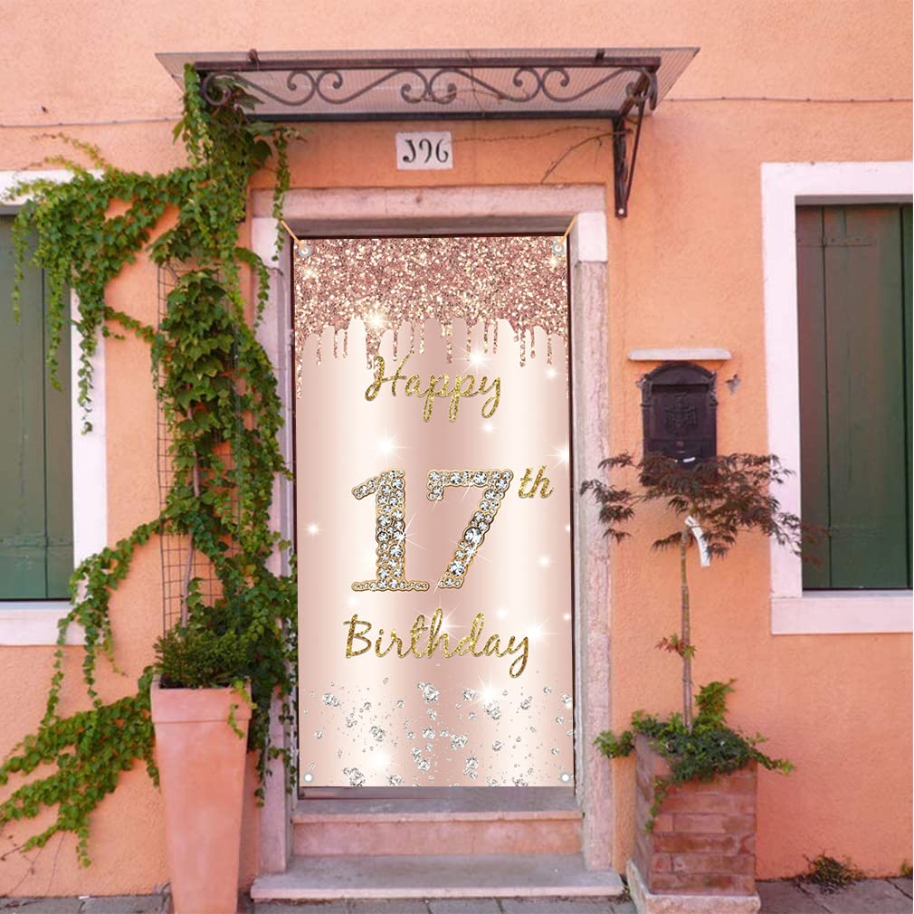 17. urodziny dziewczyna dekoracja, Happy 17 Birthday drzwi w kolorze różowego złota, baner z materiału na 17. urodziny materiał szyld plakat dekoracja drzwi baner, tło baner urodziny tło baner dekoracja na przyjęcie urodzinowe