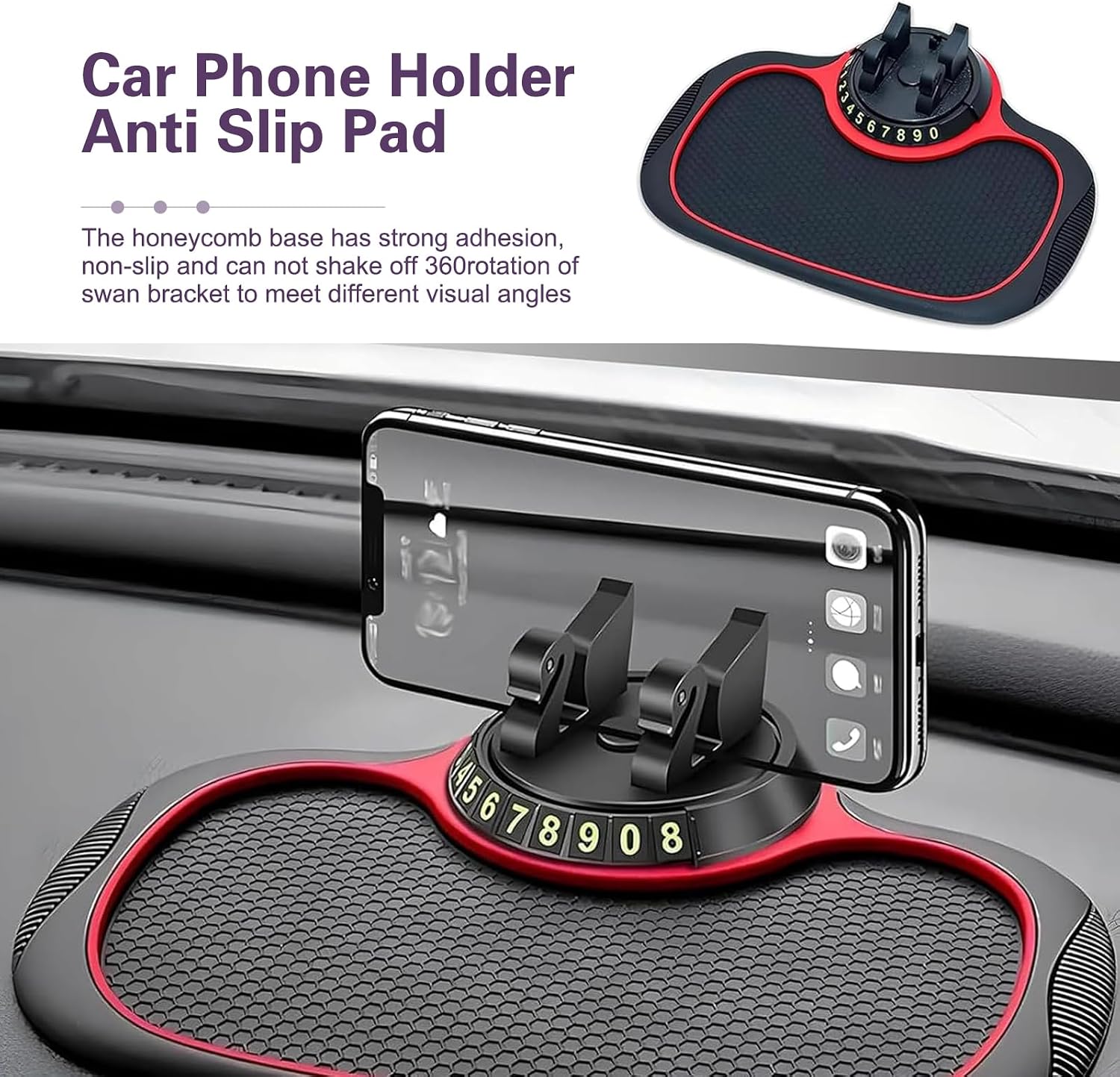 Multifunctional Car Anti-Slip Mat, Dashboard Storage Pad with Temporary Parking Number & Phone Holder, All in One Car Organizer Pad, Universal Dash Storage Accessories (Black & Red)