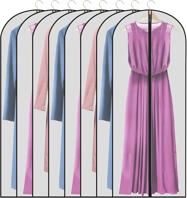 Garment Dress Bags Covers Long 60 in Translucent Plastic Clothes Covers Suit Dress Cover Protector Bags Full Length with Zip Waterproof Dustproof Moth Proof Clothes Bags 8 PCS