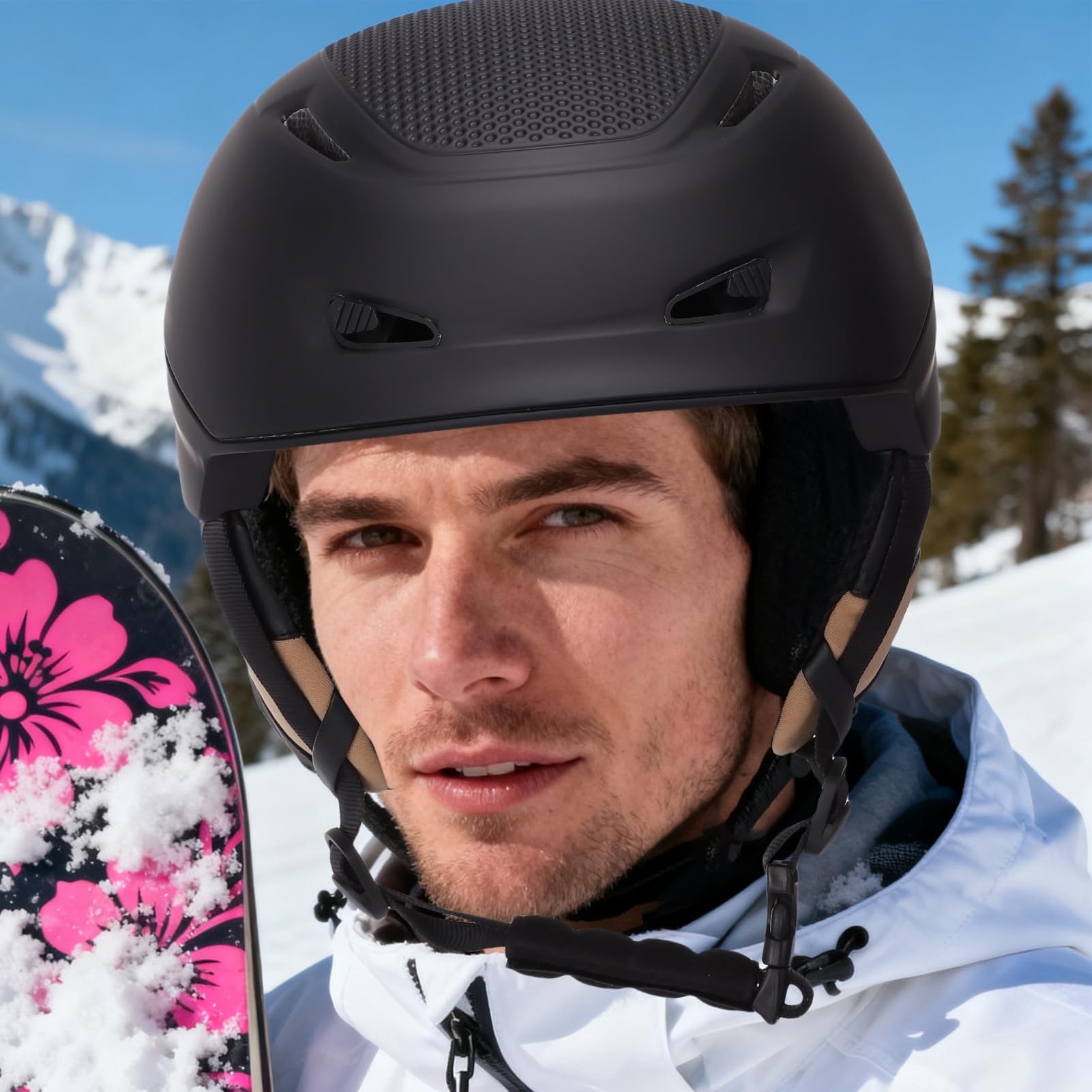 Kask Narciarski, Regulowany, Lekki Kask Snowboardowy dla Dorosłych z 8 Otworami Wentylacyjnymi, Nauszniki, Odporna na Wstrząsy Twarda Skorupa ABS EPS Foma i Miękka Wyściółka