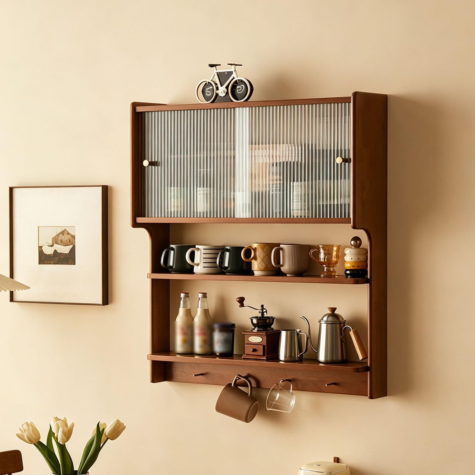 Meuble Haut de Cuisine Avec Portes Coulissantes En Verre Étagères Ouvertes