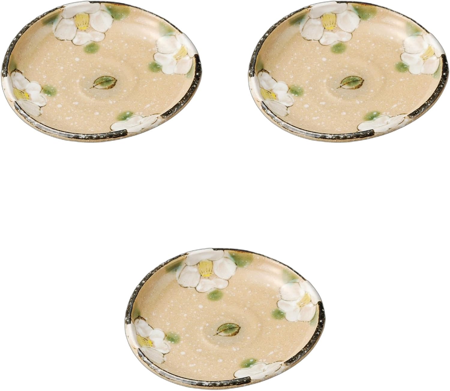 Setomonohonpo Set of 3 Oribe Camellia Sagging Dish [5.9 x 5.6 x 0.9 inches (15 x 14.3 x 2.3 cm)] Chinese Plate Porcelain