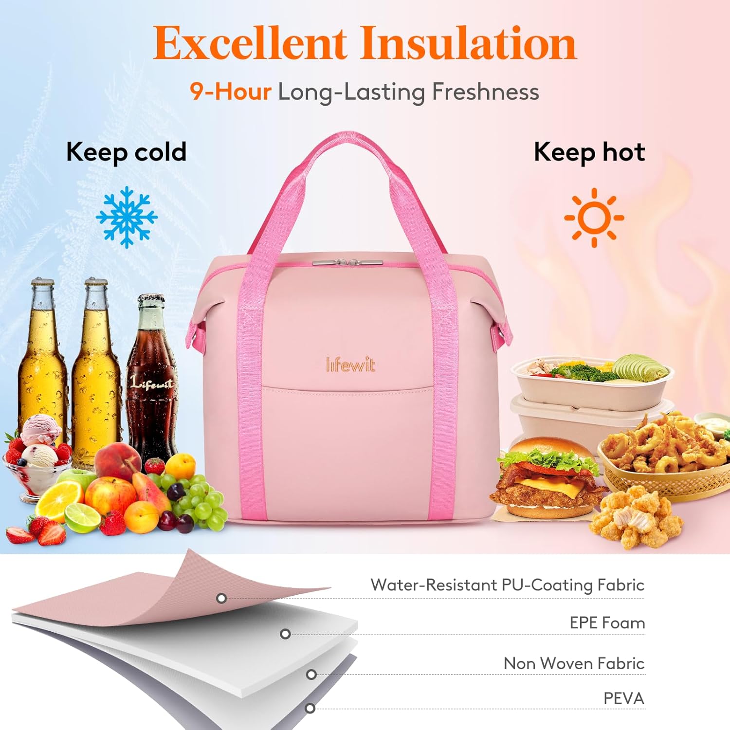Lifewit Insulated Lunch Box for Women, Lightweight Tote Bag Reusable Lunch Bag Soft Cooler, Large Lunchbox for Work Travel for Women Adults, 12L Pink - Image 6