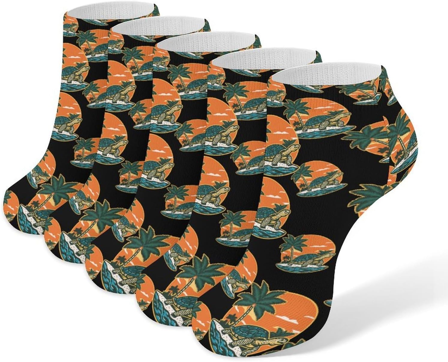 Turtle Walking Beach Palms Tree Sunset No Show Ankle Socks Low Cut Non Slip Flat Boat Line 5 Pairs Set