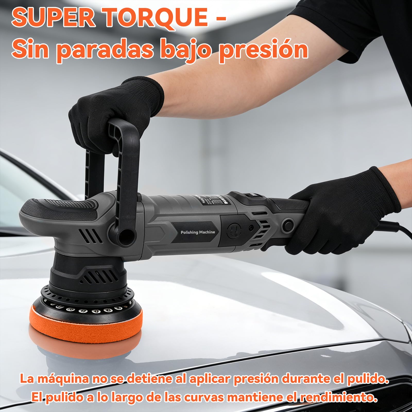 Pulidora Orbital Coche 1600W, 6 Velocidades Variables 600-3600RPM, 4M Cable, con 6 Almohadillas de Pulido, D-Mango Desmontable/Mango Lateral, Maquina de Pulir, para Detallar, Pulir y Encerar