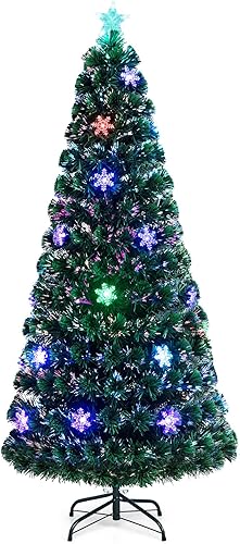 Goplus Árbol de Navidad artificial de fibra óptica preiluminado de 4 pies, con luces LED multicolor y copos de nieve (4 pies)