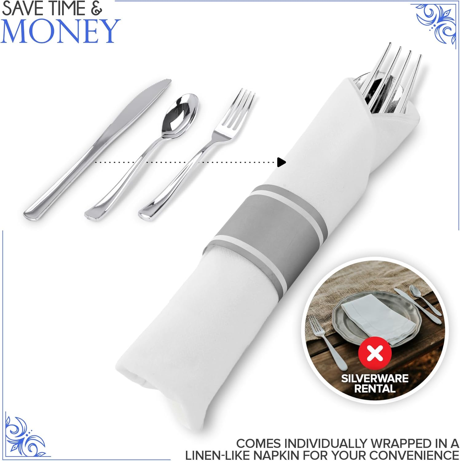 100 Pack Pre Rolled Silver Plastic Cutlery Set, Individually Wrapped Plastic Silverware Set with 100 Forks, 100 Knives, 100 Spoons, 100 Napkins, Disposable Utensils for Party and Wedding