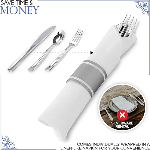 Miniatura 3 de Juego de 100 cubiertos de plástico plateado preenrollados, cubiertos de plástico envueltos individualmente con 100 tenedores, 100 cuchillos, 100