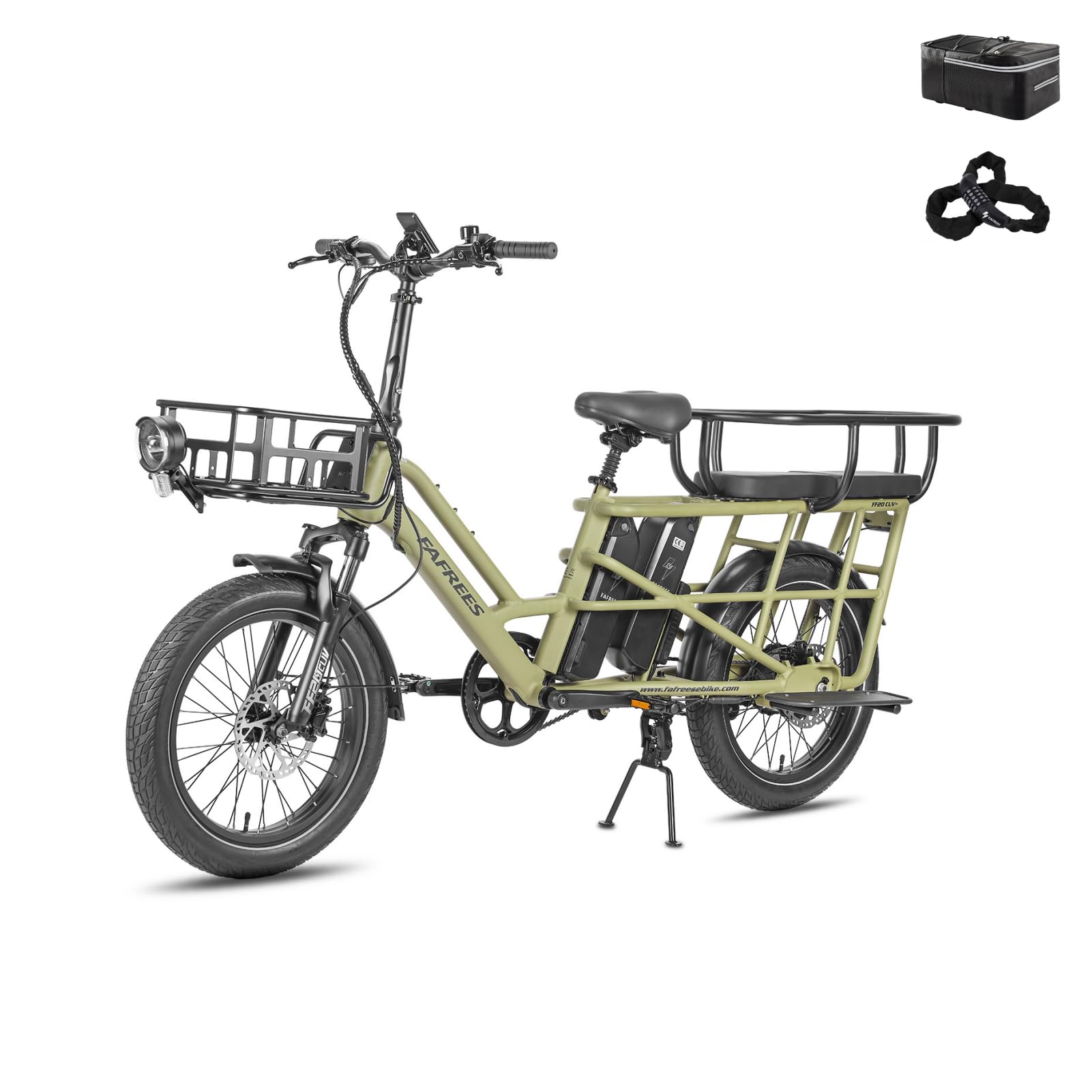 Fafrees FF20 CUV Bici Elettrica Pieghevole Uomo Donna, Ebike 250W a Pedalata Assistita con Doppia Batteria 140KM Autonomia, Bicicletta Elettrica con Cestino (Sedile posteriore per 2 bambini, Verde)