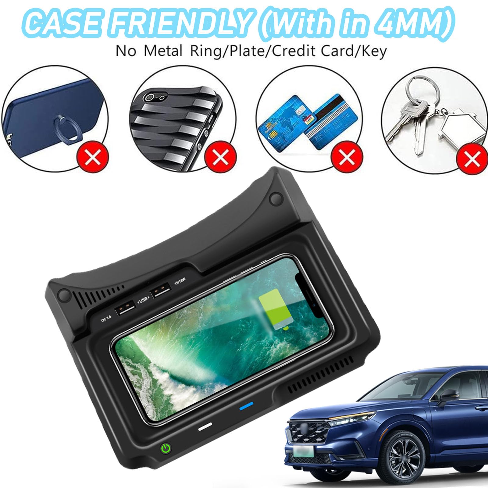 CenNa Caricabatteria per Auto Wireless per Hon-da CR-v (2017 2018 2019) Accessorio per Tutti I Modelli con Wireless da 15 W E Doppia USB Qc3.0 Regalo di Ricarica Rapida per La Famiglia
