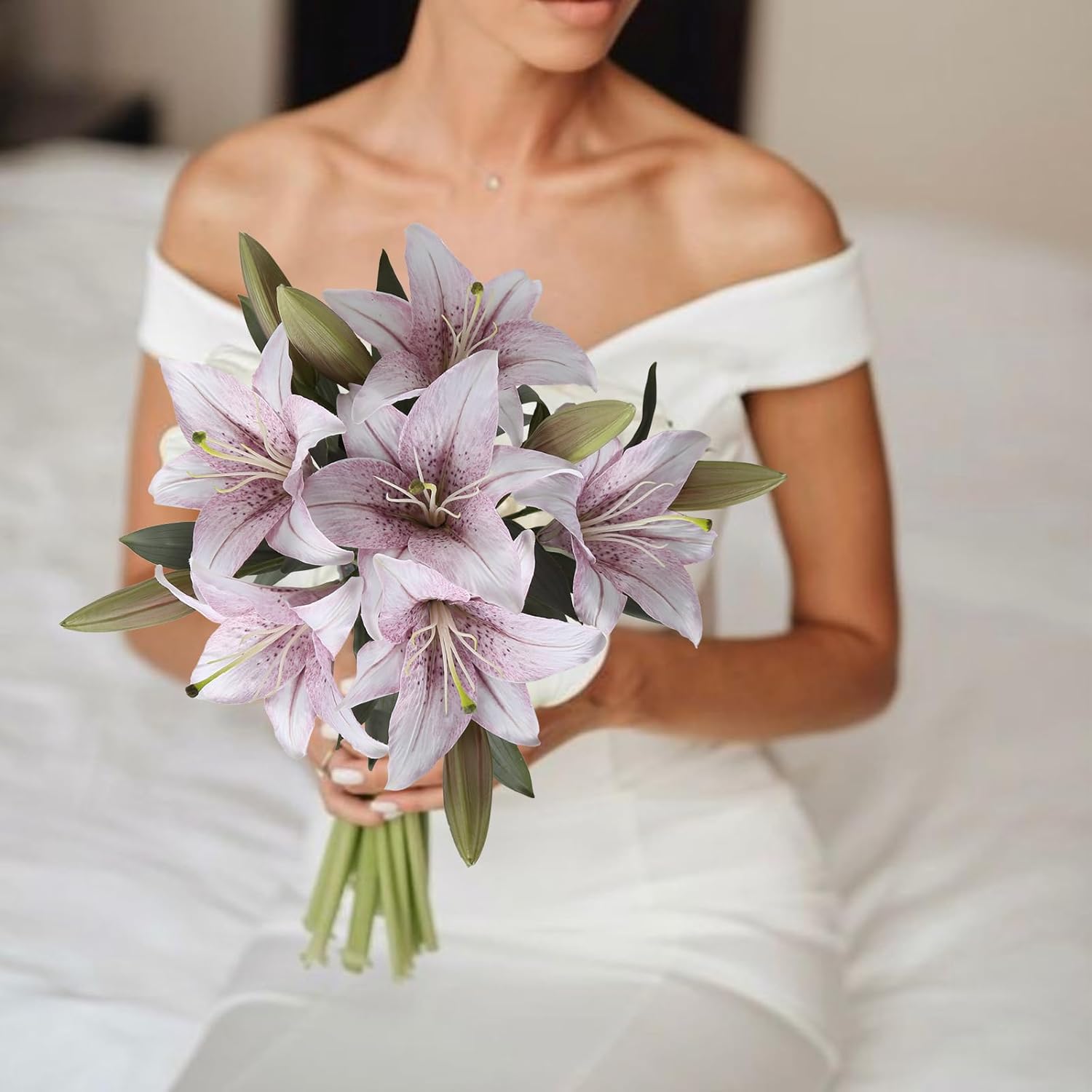 IPOPU Artificial Lily Flowers 5PCS Vintage Lily Silk Flowers for Home Decor Indoor Faux Flowers Fake Lily Fake Flower Floral Arrangement Wedding Party Decor Home Decor (Purple White) - Image 6