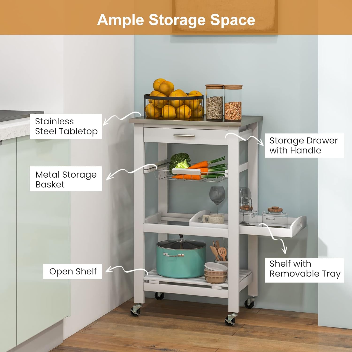 BANGTANE Rolling Cart, 4-Tier Storage Cart w/Stainless Steel Tabletop, Basket, Tray & Slatted Shelf, Kitchen Cart with Wheels, Mobile Kitchen Counter, Utility Trolley Cart, White