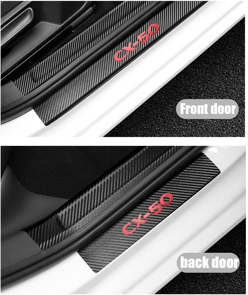 LEXLEY for Mazda 2023 2024 2025 2026 CX-50 CX50 Carbon Fiber Style Leather Door Sill Protector Anti-Dirty Scuff Plate Cover Guard Sills Protector Trim,Welcome Pedal Protect 4PCS -RED