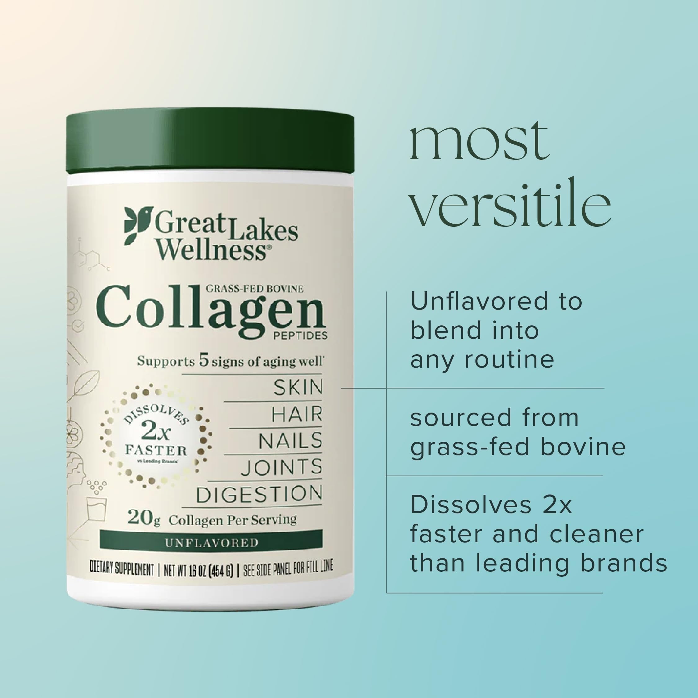 Great Lakes Wellness Peptidi di collagene in polvere per pelle, capelli, unghie, articolazioni e digestione - non aromatizzato - dissolvenza rapida idrolizzata, non OGM, cheto, kosher - 590 ml