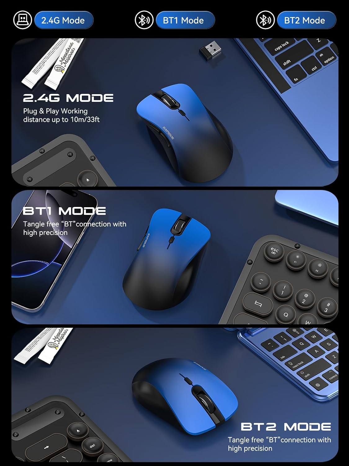 RAPIQUE Bluetooth Wireless Mouse - Dual Bluetooth & 2.4 GHz,Gradient Blue image 4