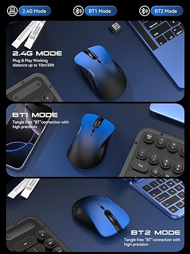 Miniatura 4 de RAPIQUE Mouse inalámbrico Bluetooth  Doble Bluetooth y receptor USB de 2.4 GHz, agarre cómodo, clics silenciosos, baja potencia  Compatibilidad