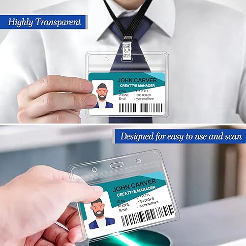 Miniatura 5 de 100 tarjetas de identificación horizontales transparentes y 100 cordones, cordones reutilizables para soporte de credencial de identificación