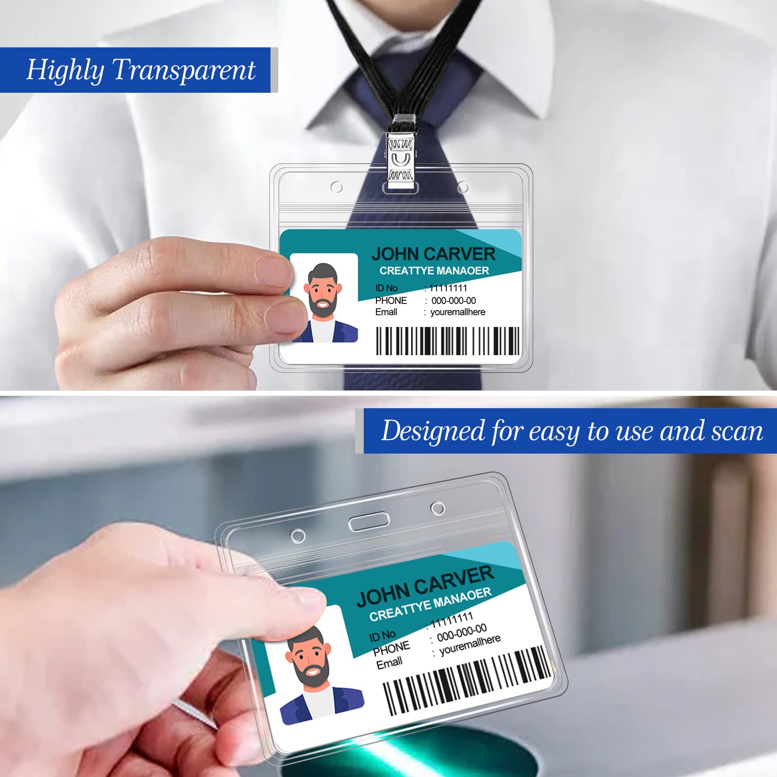 50 szt. przezroczystych poziomych identyfikatorów i 50 szt. smyczy, smycze wielokrotnego użytku do uchwytu na identyfikator, uchwyt na identyfikator ze smyczami, dla dorosłych, dzieci, konferencji