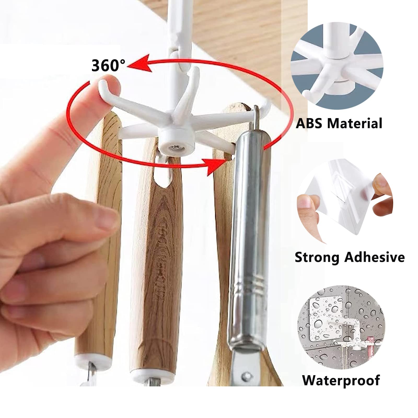 MONBEHJKA Rotating Folding Hook 360° Hole-Free Hook with 7 Claws 180° Vertical Folding Hook for Kitchen and Bathroom Shelves 8 Pieces Wall Mount Drill-Free Multipurpose Kitchen Hook White Black - Image 4