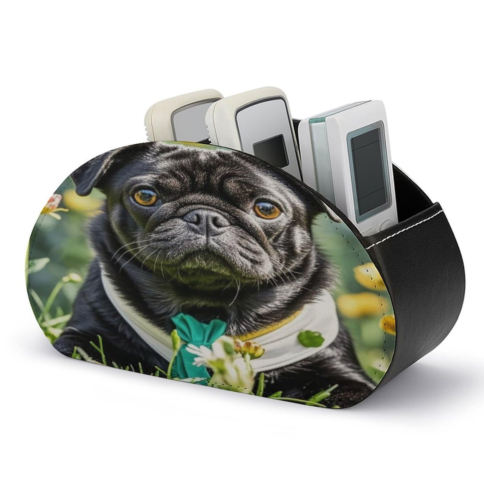 FekiLoot Leather TV Remote Control Holder with 5 Compartments Multifunctional TV Remote Holder Bedside Table Remote Caddy Storage Box Cute Black Pug Dog Remote Organizer for Home Office