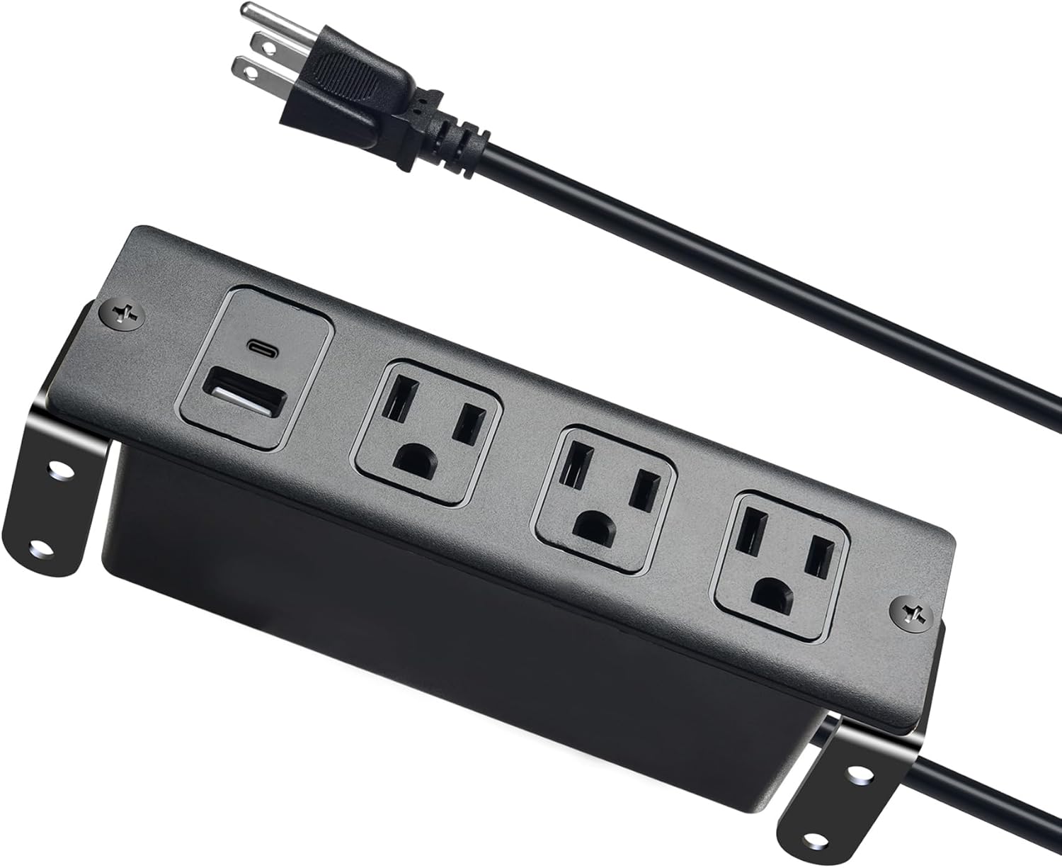 Recessed Power Strip with USB-C, Built-in Outlet Socket, Flat Plug Extension Cord, Dual Installation with Steel Brackets for Desk, Kitchen Island, Cabinet, Workbench (3AC USB-C)