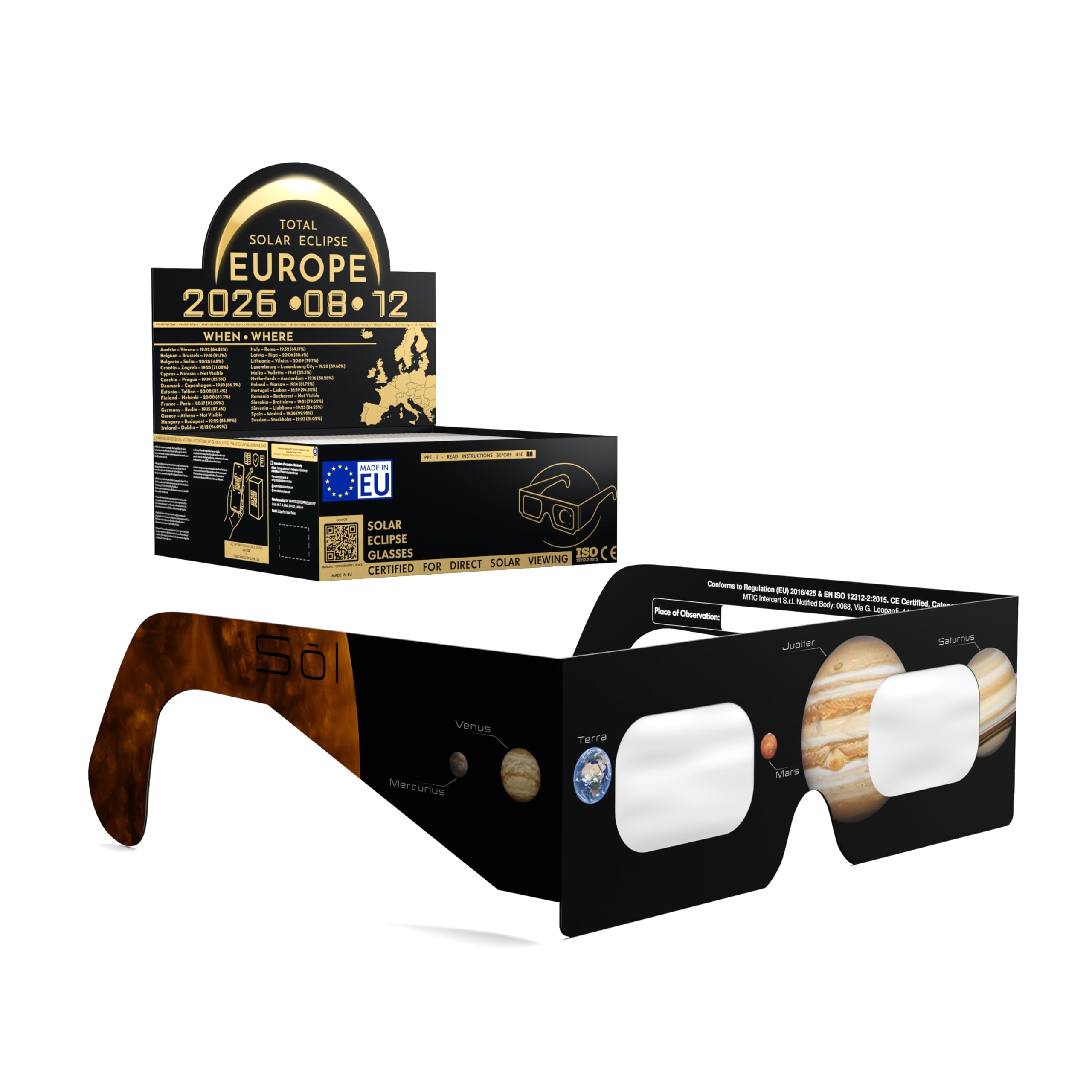 Solar Eclipse Glasses ISO 12312-2 CE Certified | Safe Solar Viewing Glasses UK | Paper Cardboard Frame | Total Solar Eclipse August 2026 | Made in EU | 50 Pack | Planets โ image 1