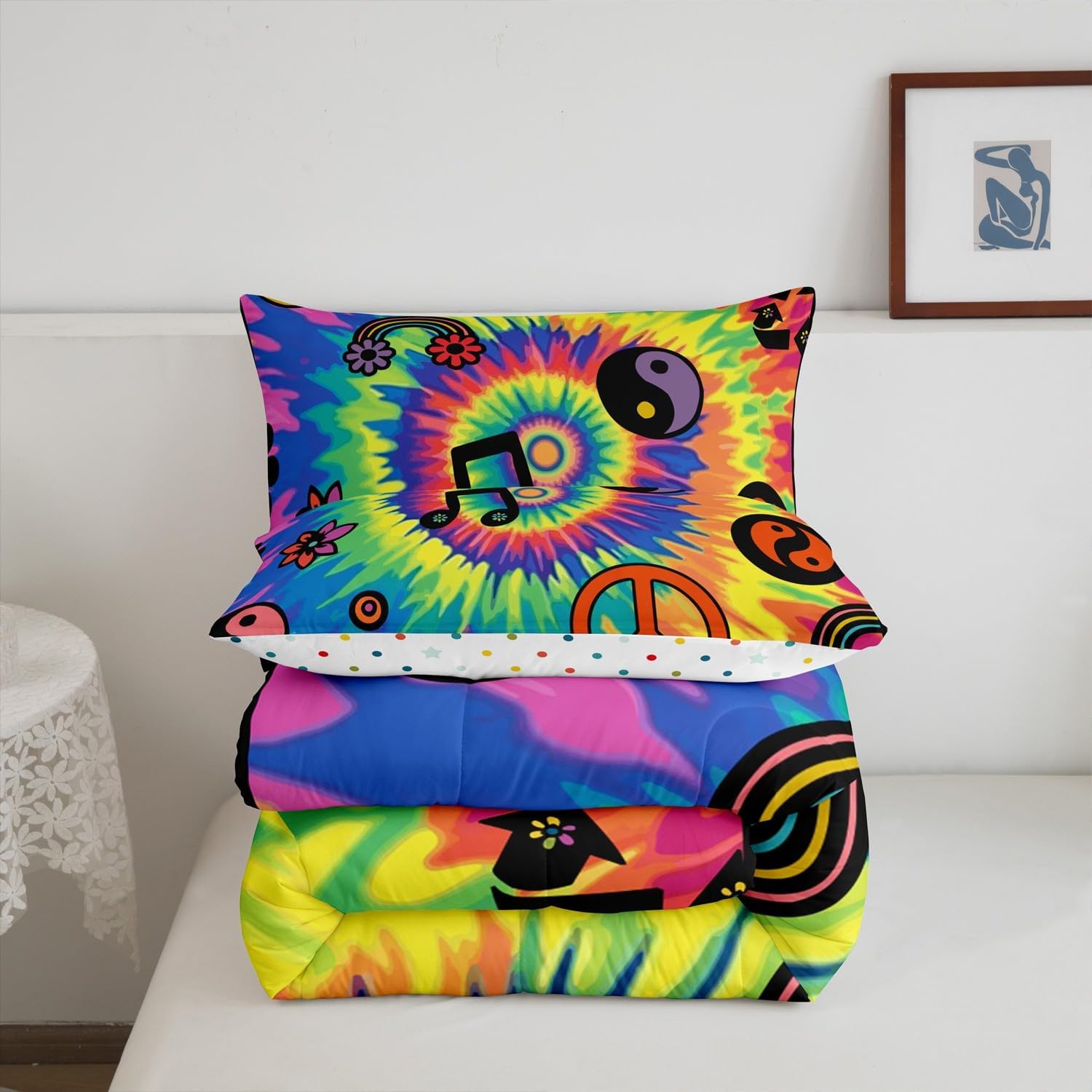 Erosebridal Retro 60s 70s Groovy Flower Bedding Set Queen,Rainbow Peace Sign Swirl Tie Dye Comforter Set Mens Women's Halloween Floral 1960's 1970's Hippie Duvet Insert Rural Pastoral Room Decor