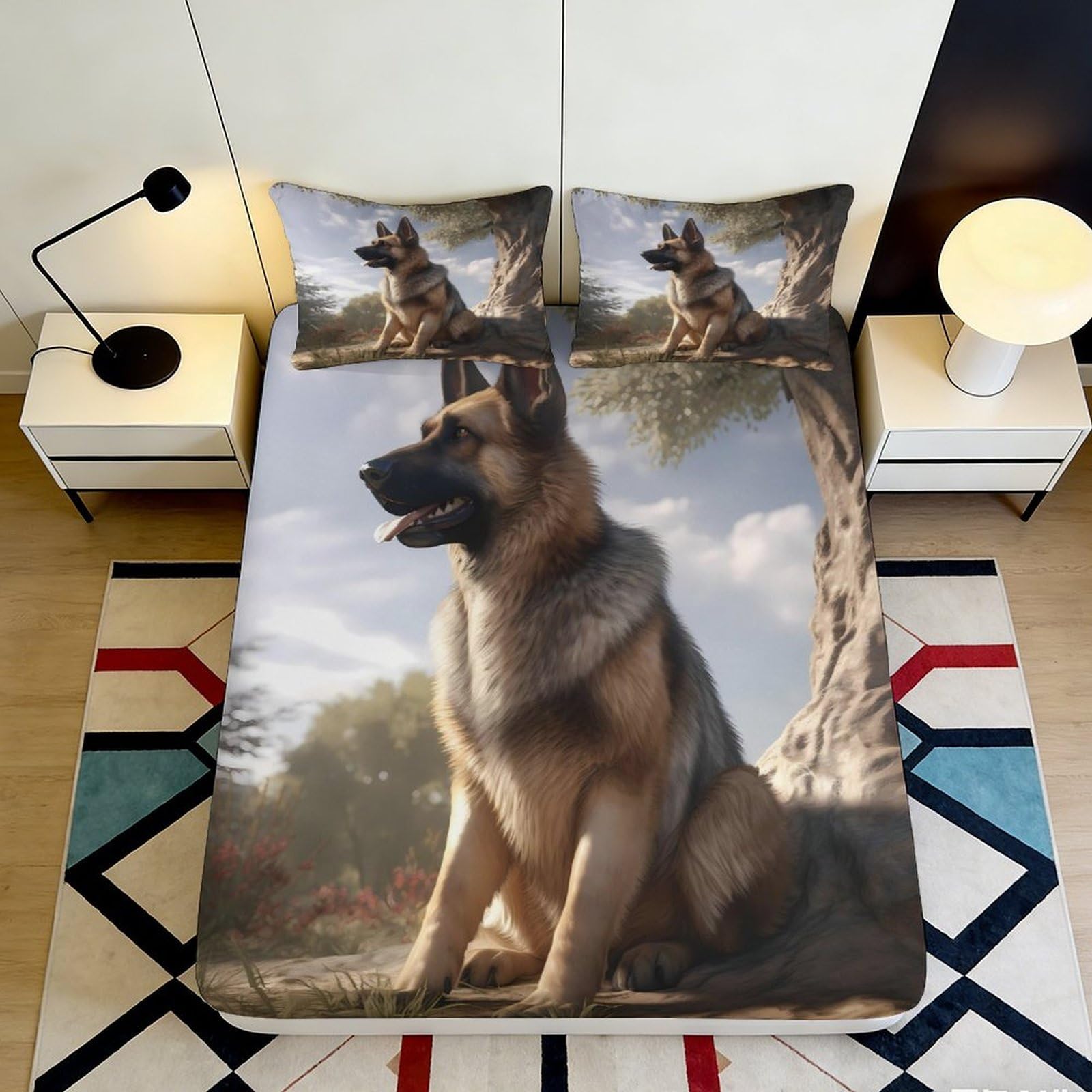 3D Printed German Shepherd Fitted Sheet Microfiber Soft Breathable Forest Bed Cover for Bedroom Guest Room Decor 200x200x25cm