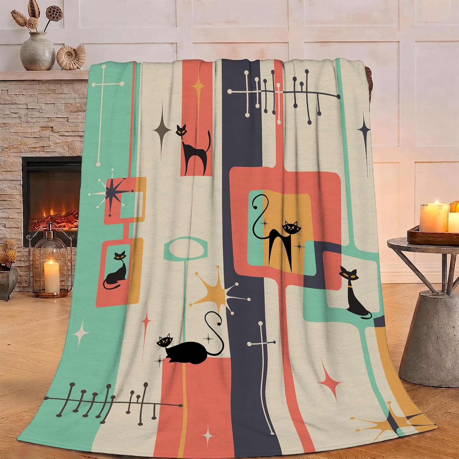 Mid Century Black Cat Throw Blanket, Retro 1950s 60s Abstract Style Modern Geometric Atomic Warm Cozy Flannel Soft Blanket for Couch Chair Sofa Bed Travel Camping Bedroom Living Room Car 40"x 60"
