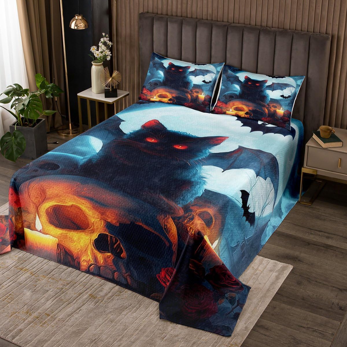 Erosebridal Skeleton Hand Coverlet Set Queen Size Spider Bedding Set for Kids Boys Girls Sugar Skull Spiderweb Chain Quilted Coverlet Mysterious Halloween Theme Quilted