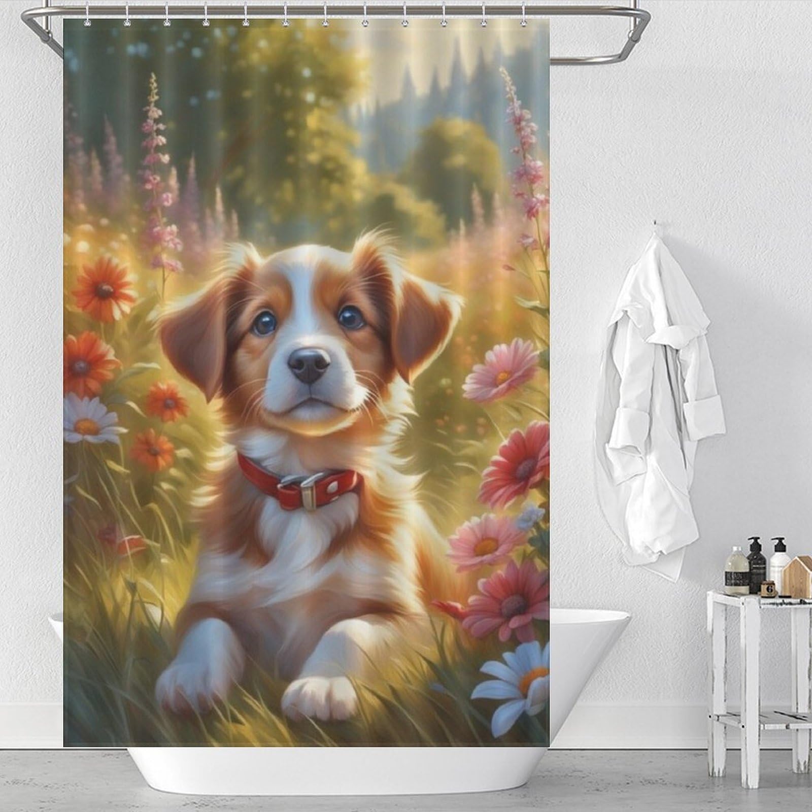 Rideau de douche chien en tissu lavable pour égayer la salle de bain des enfants