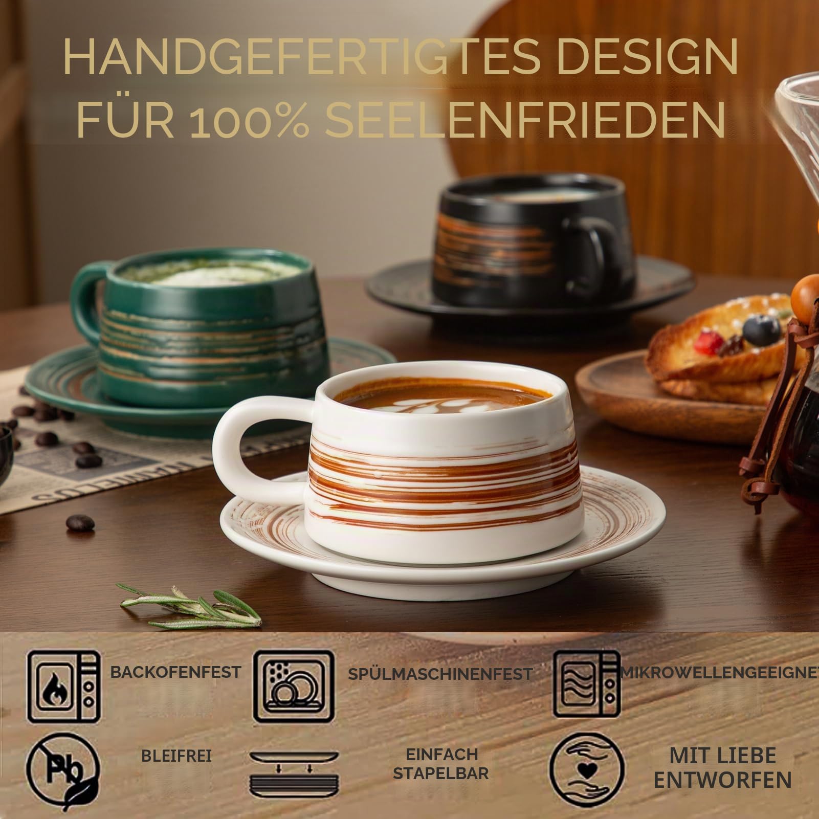 YUN TAO Cappuccino Tassen Set 4er, 236 ml, Kaffeetassen mit Untertassen für Zuhause, Frühstück, Café, Gastronomie, spülmaschinenfest