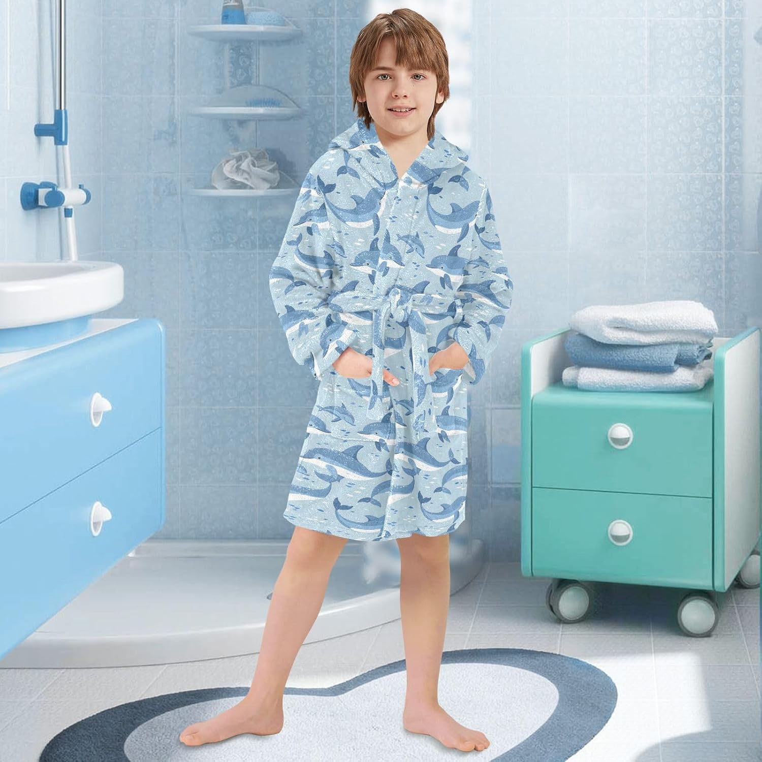 senya Dolphins Pattern Toddler Hooded Bathrobe Kids Soft Plush Bath Towel Robes for Boys Girls 2-12 Years