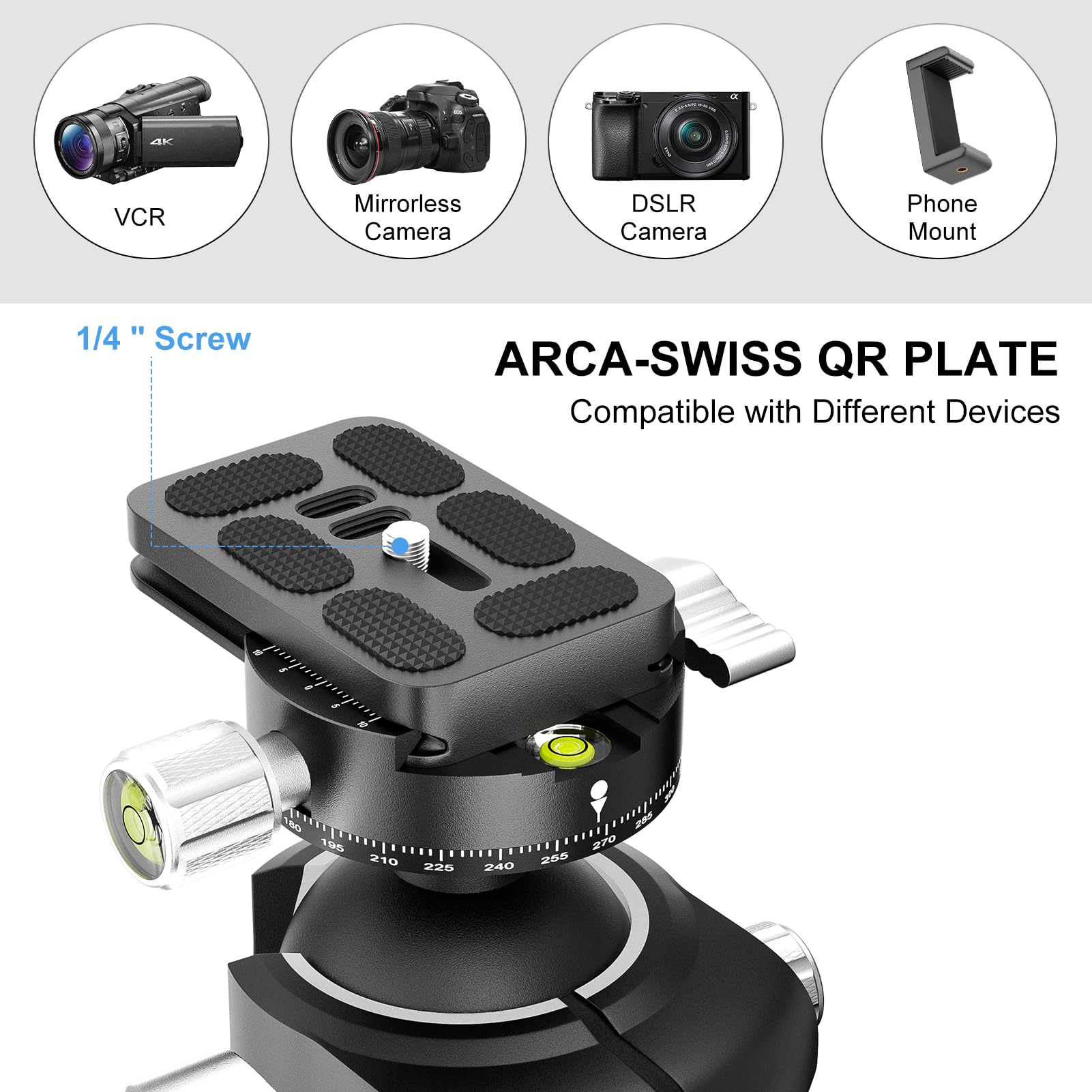 EMART Tête sphérique pour trépied à profil bas avec plaque de dégagement rapide Arca Swiss de 6,35 mm, rotule panoramique de 46 mm avec double rainure en U pour trépied, monopode, appareil photo