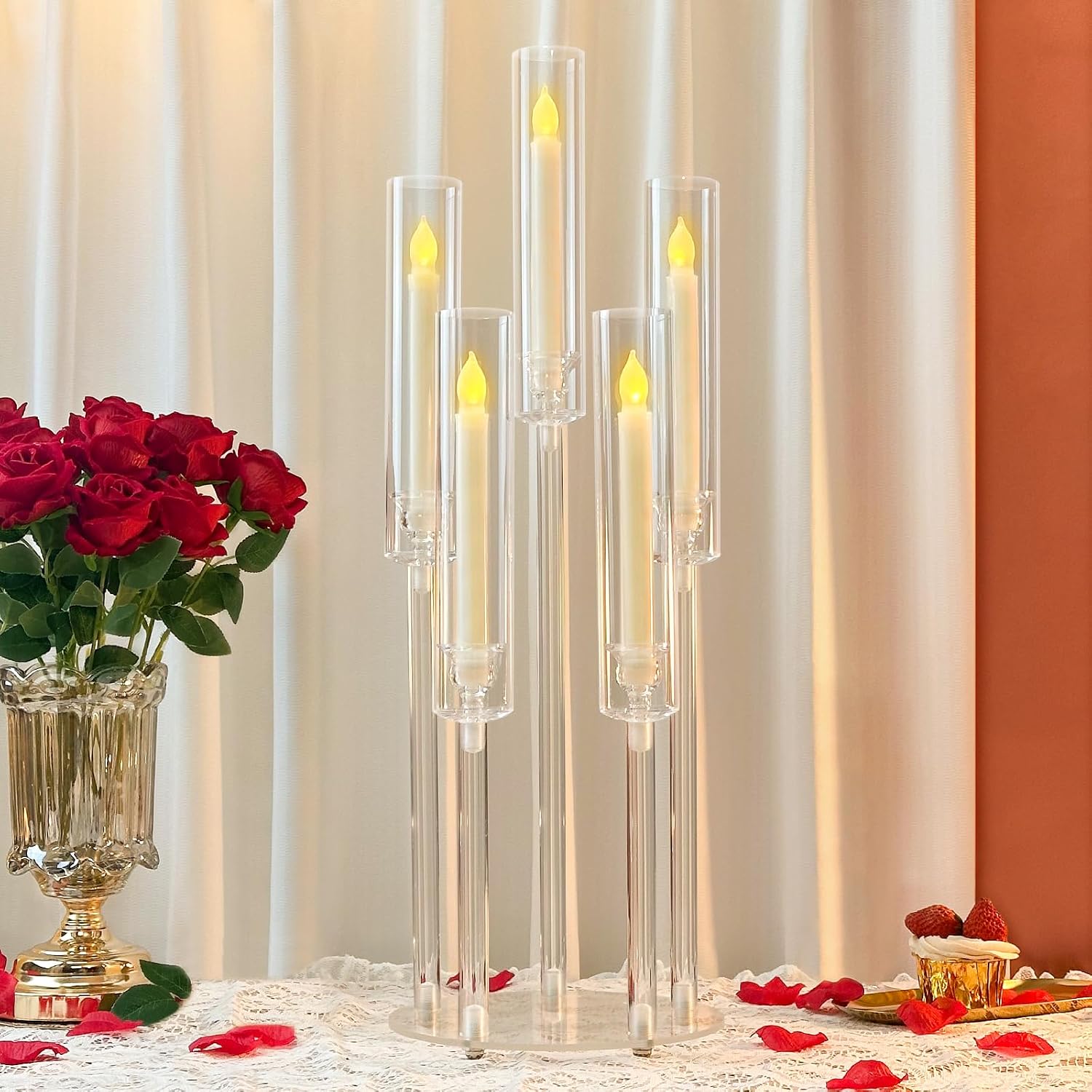 4Pcs Acrylic Candelabra Centerpieces for Wedding 5 Arm Clear Candle Candlesticks Holders 25.5" Tall Crystal Taper Candlestick with Shade Fit 0.87'' Led Candle for Christmas Party Home Decor