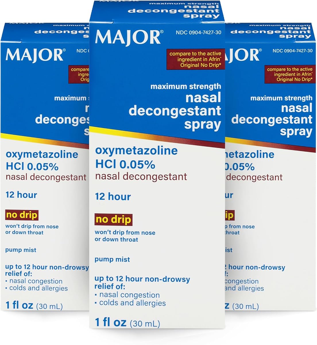 MAJOR Maximum Strength Nasal Decongestant Spray, Oxymetazoline HCl 0.05% Pump Mist, Non-Drowsy Nasal Spray, up to 12-Hour Relief from Nasal Congestion, Colds, and Allergies 1 Fl. Oz. (3-Pack)