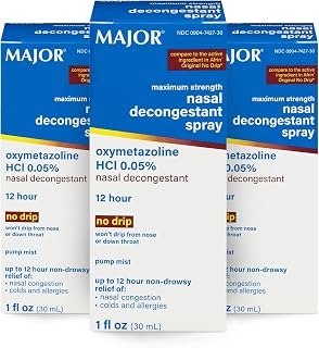 MAJOR Max Strength Oxymetazoline HCl 0.05% Nasal Decongestant Spray - 12Hr Non-Drowsy Relief for Congestion, Colds, Allergies | 1oz 3-Pack