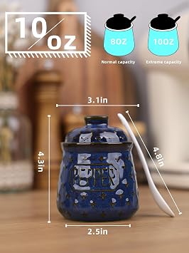 Pepper Bowl with Lid and Spoon, 10 oz Ceramic Seasoning Jar (Vintage Blue)