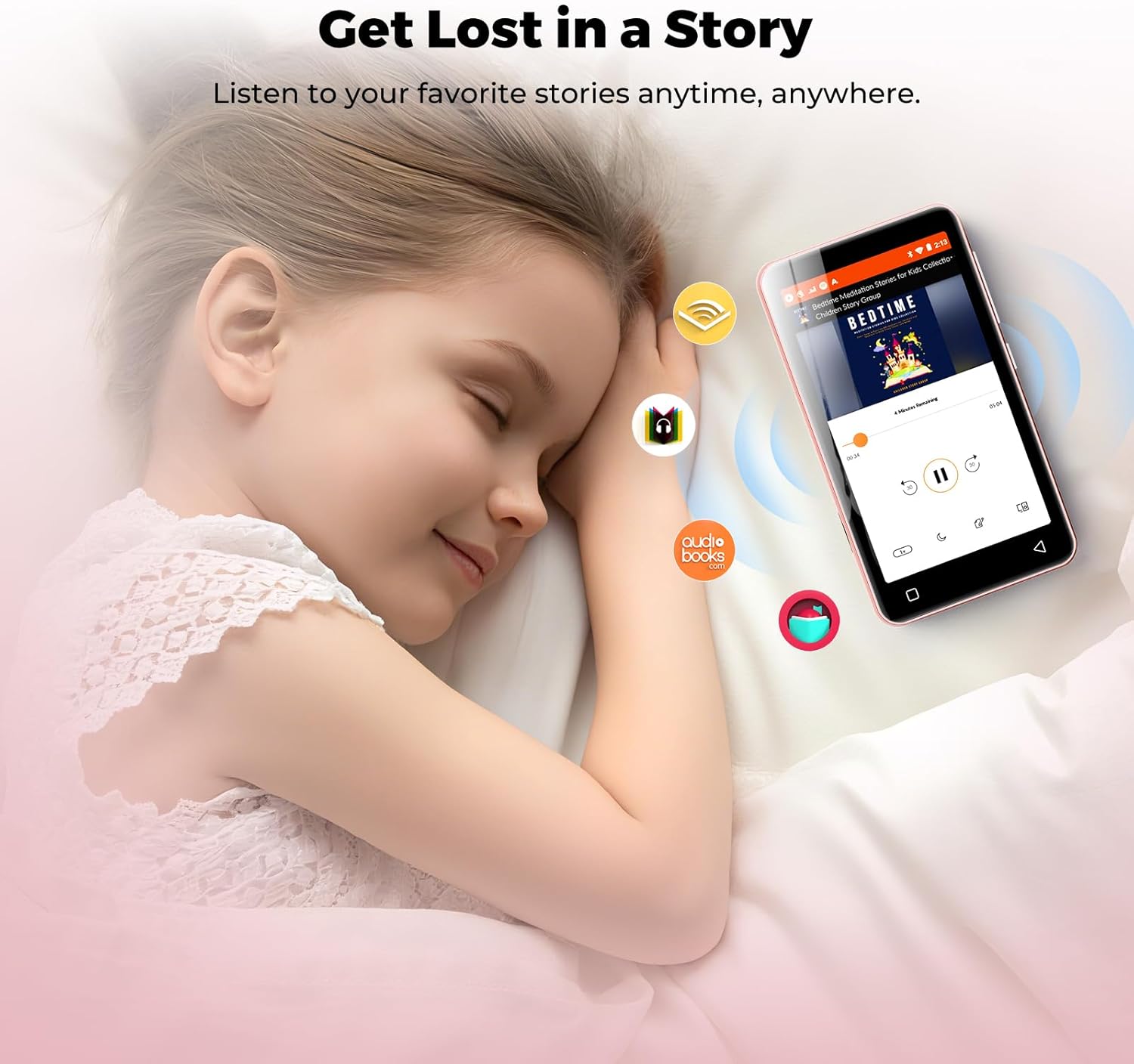 Child sleeping with innioasis G3 MP3 Player nearby, depicting audiobook listening