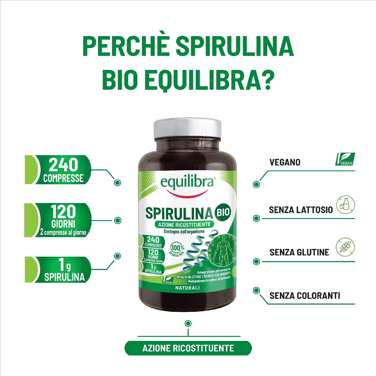 Equilibra Integratori Alimentari, Spirulina Bio, Integratore in Compresse con Spirulina da agricoltura biologica, Azione Ricostituente e di Sostegno, 1g di Spirulina Bio per Dose, Vegan, 240 Compresse