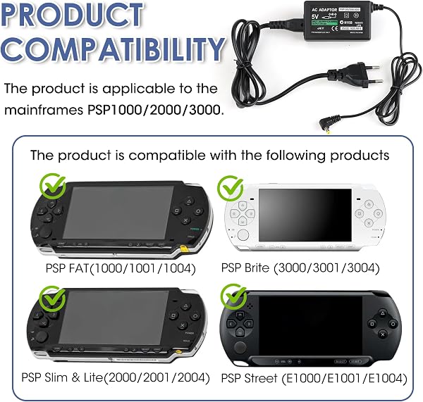Cargador para Sony PSP 1000/2000/3000, Fuente de Alimentación 5V 2A AC Pared Cargador Cable, Power Adapter para PSP Consola, PlayStation Alimentación Portátil para 1000 2000 3000 Street Game - 2